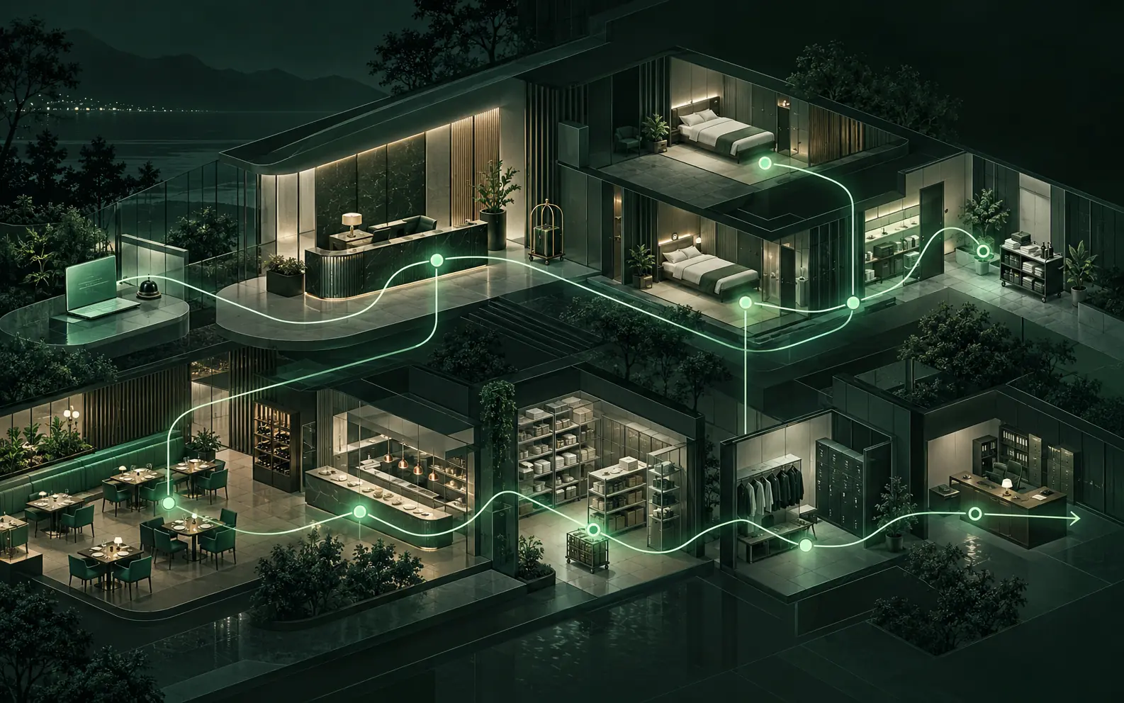 Abstract illustration of a hotel cut away to show reception, rooms, restaurant, stores and offices joined by one green path