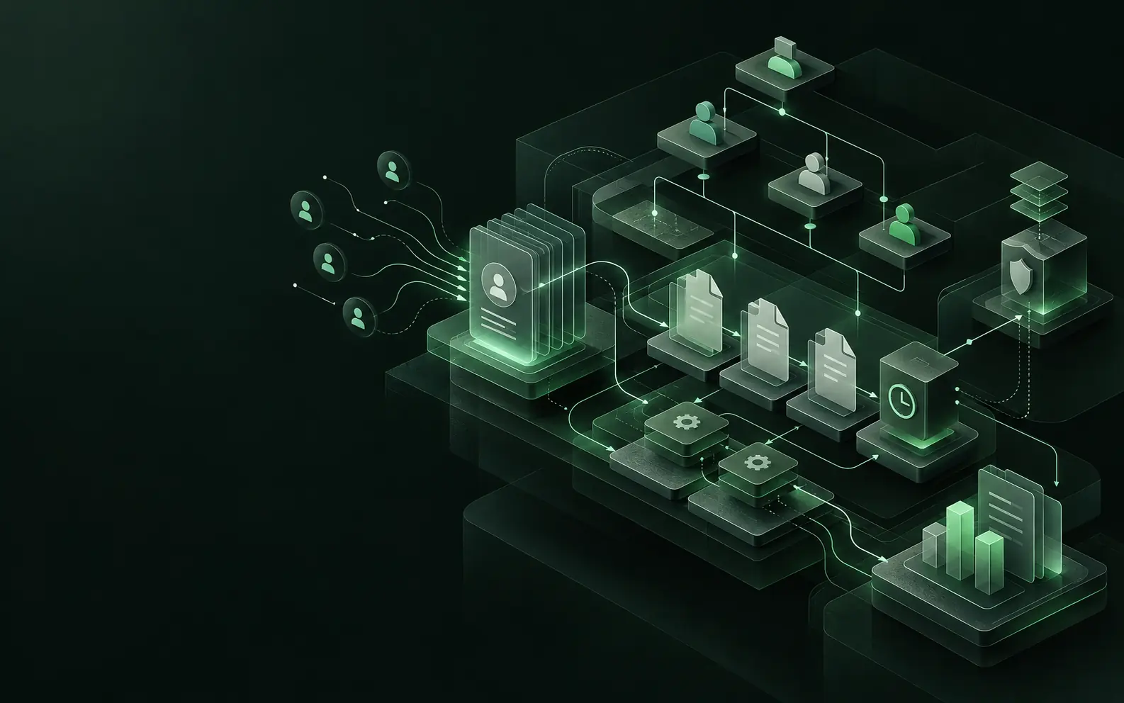 Abstract illustration of leads, documents, roles and scheduled checks flowing through one connected system